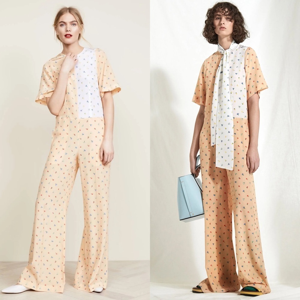 JOSEPH Silk Patchwork Colorblock Floral Print Short Sleeve Wide Leg Jumpsuit XS